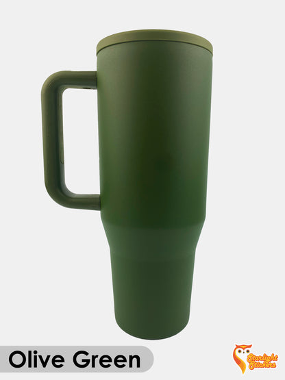 Olive green tumbler with a white background. 