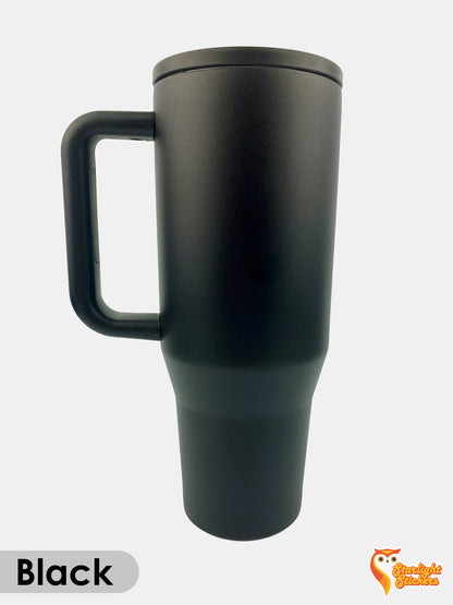 Black tumbler with a white background. 