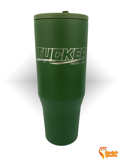 Olive green tumbler with engraving. 