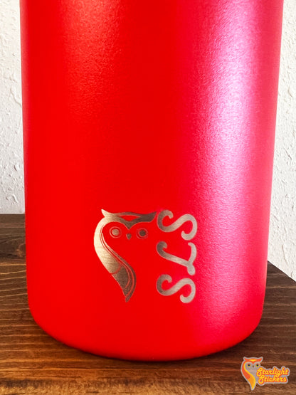 Close up on SLS logo at base of red tumbler