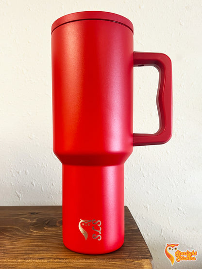 Side view of red tumbler 