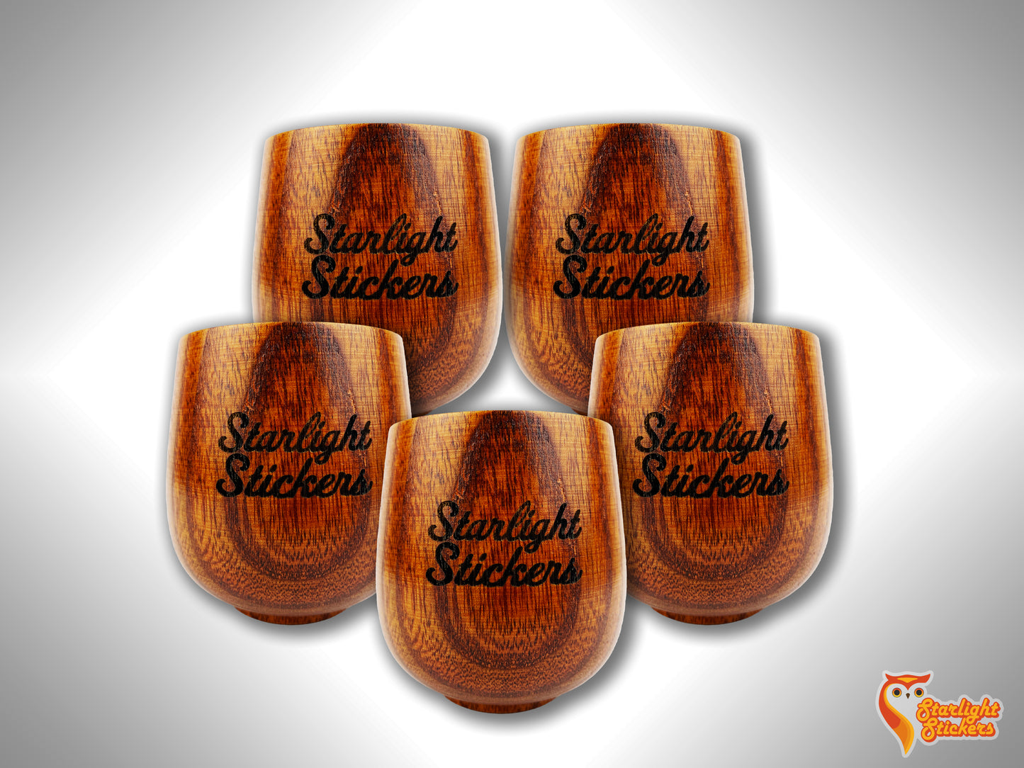 5 engraved wooden cups.