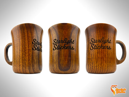 3 engraved mugs, side view and front view. 