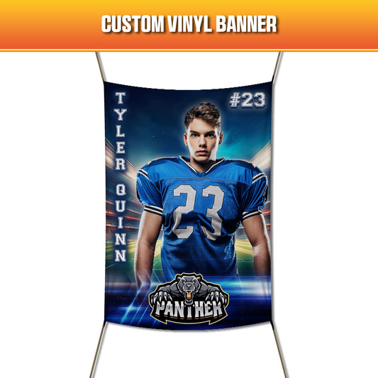 Custom Vinyl Banner, featuring a high school football promo banner. 