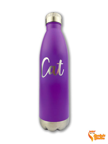 Purple water bottle with the word "cat" engraved. 