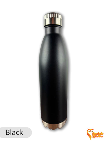 Black water bottle with a white background. 