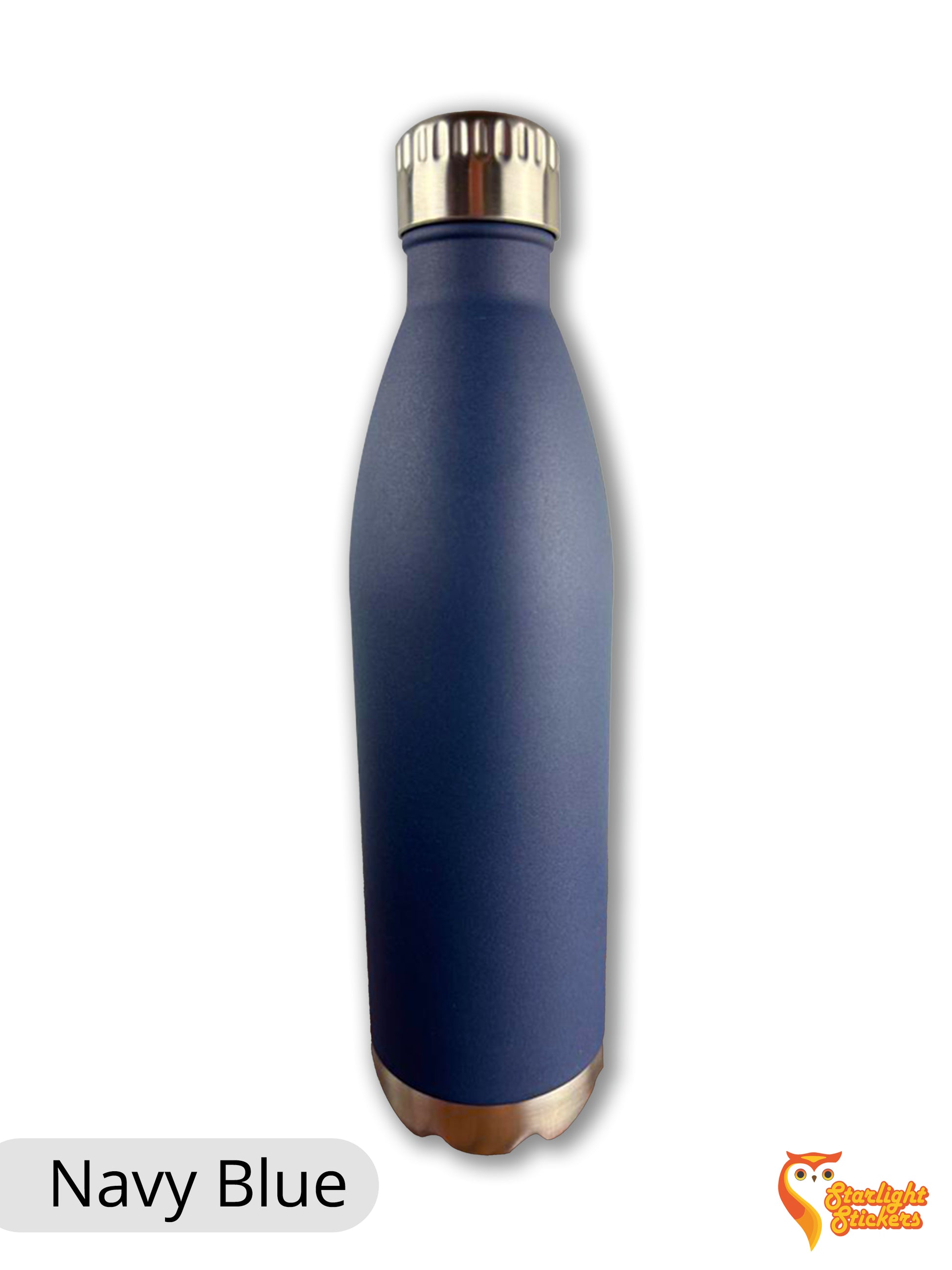 Navy blue water bottle with a white background.
