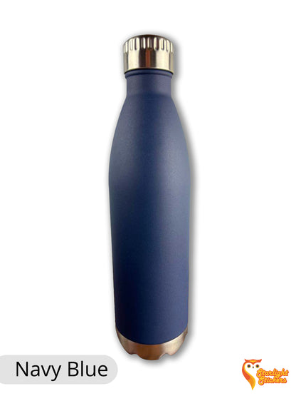 Navy blue water bottle with a white background.