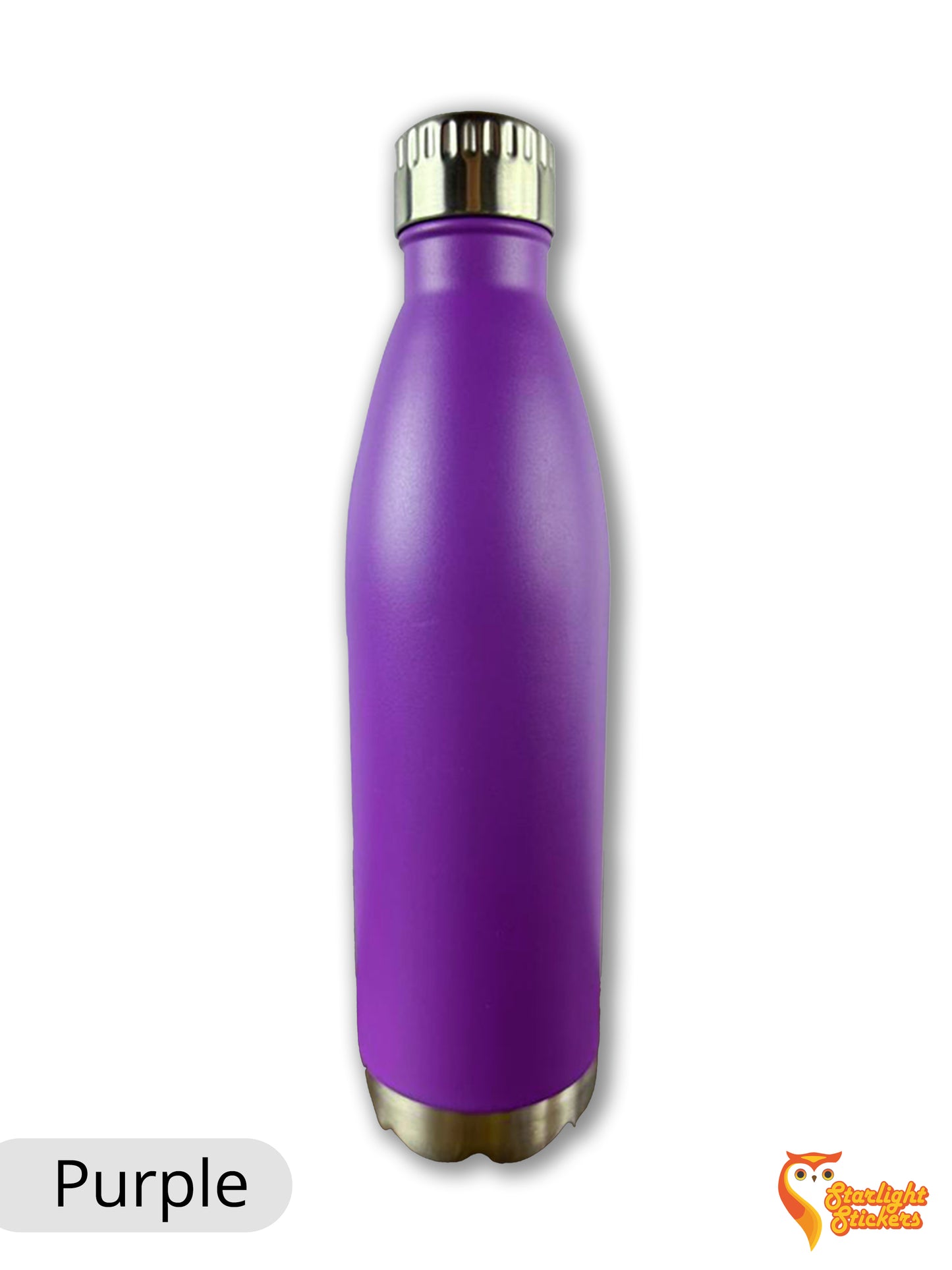 Purple water bottle with a white background. 