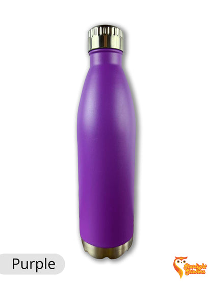 Purple water bottle with a white background. 