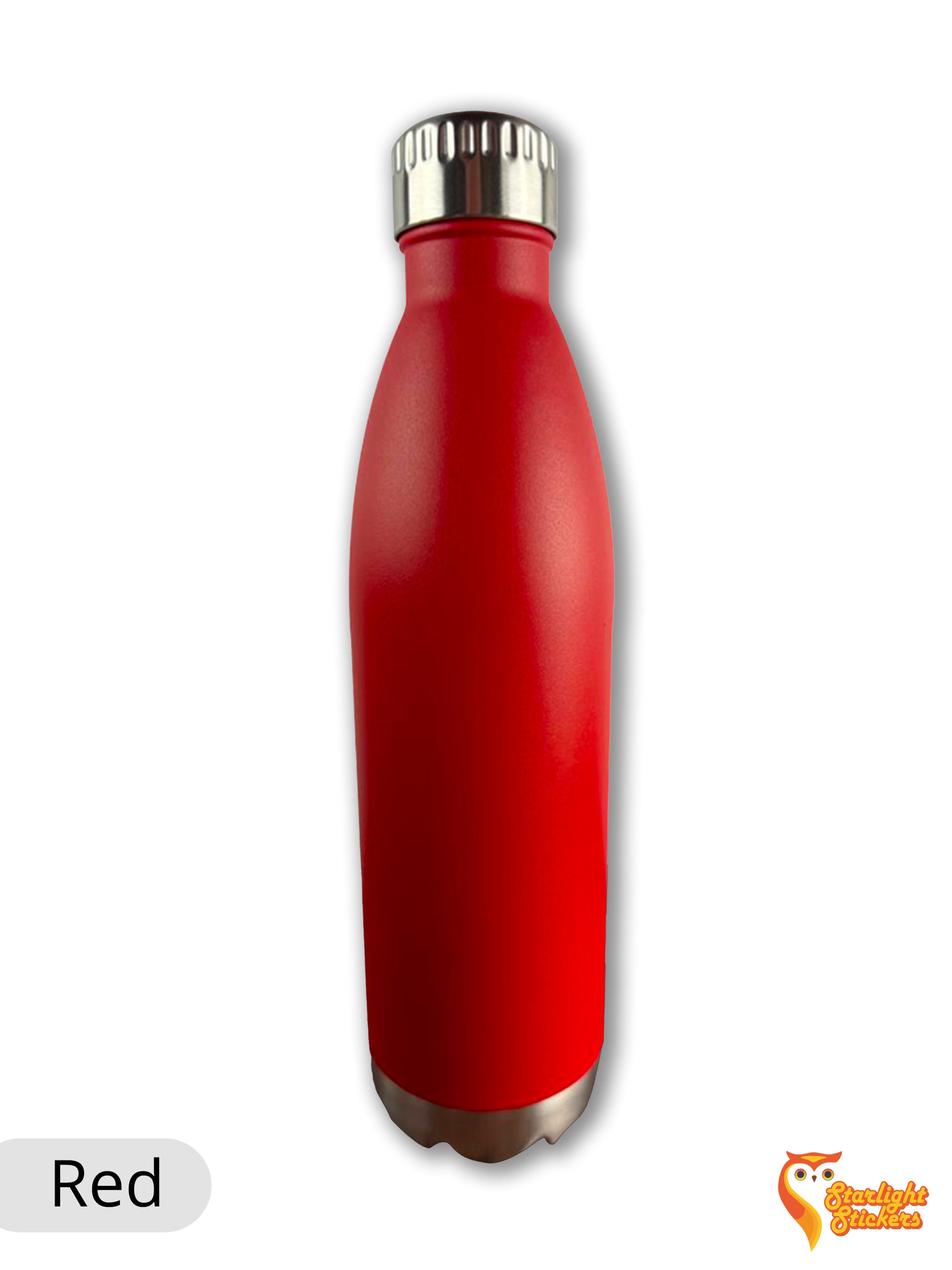 Red water bottle with a white background. 
