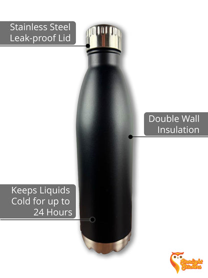 Black water bottle diagram, featuring stainless steel lid, double wall insulation, and 24 hour temperature control. 