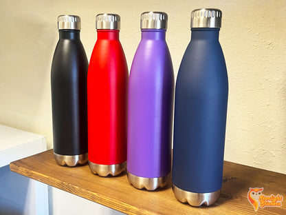 All water bottle colors on a shelf. 