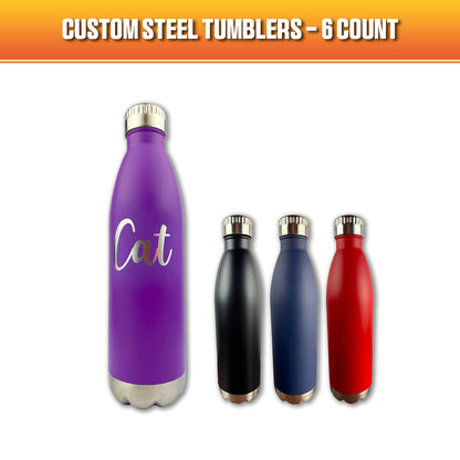 Custom steel 750ml tumbler thumbnail, featuring a purple, black, navy blue, and red water bottle. 