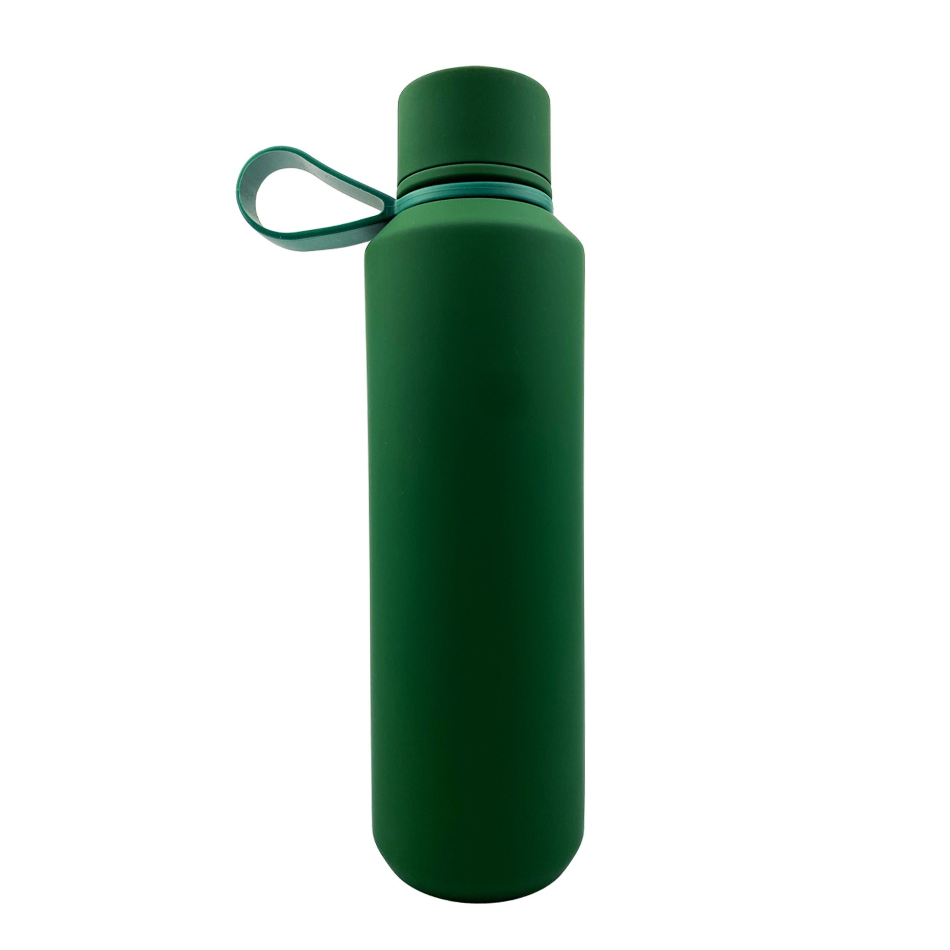 Dark green tumbler with a white background. 
