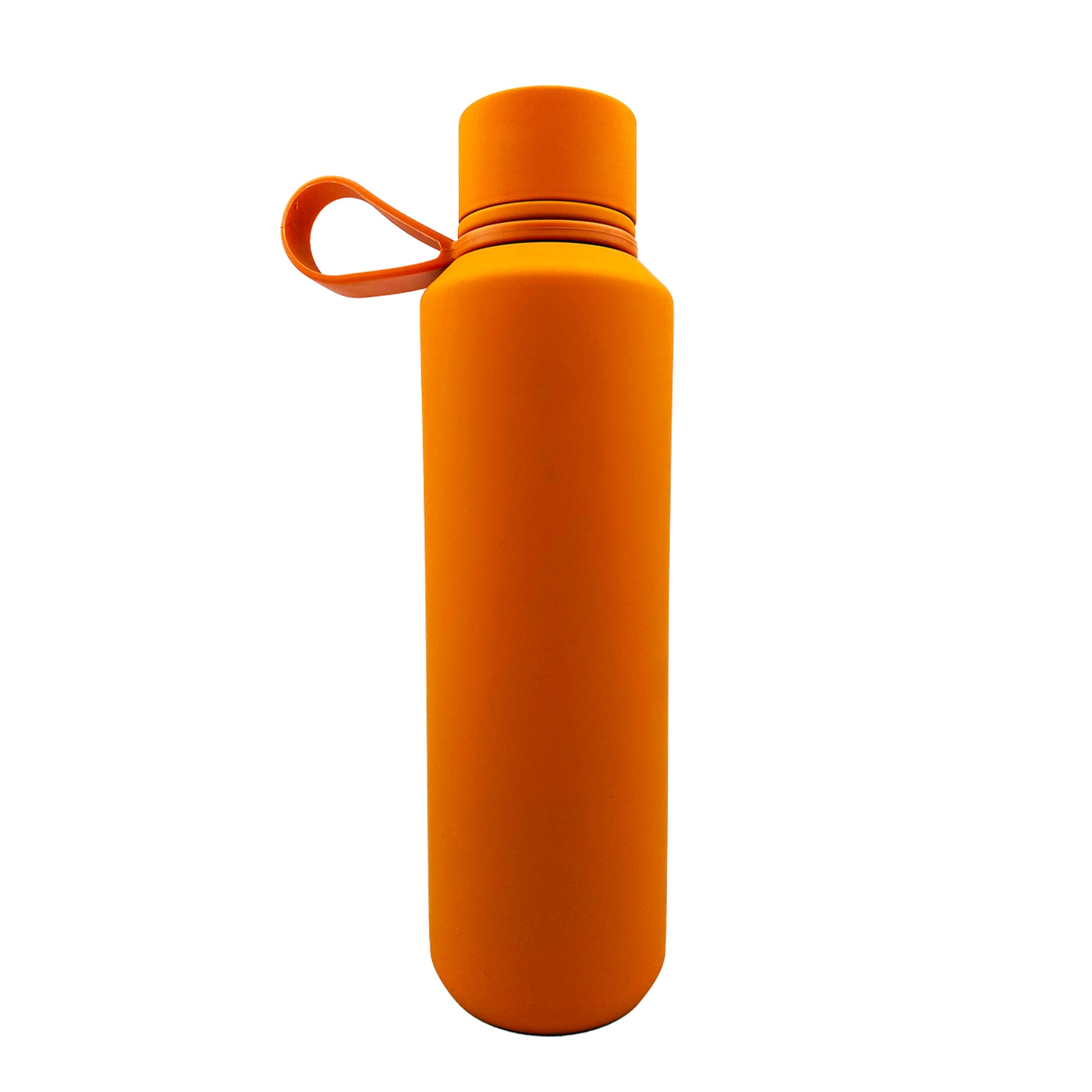 Orange tumbler with a white background. 