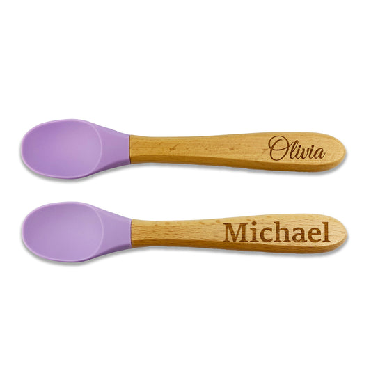 Set of 2 Baby Spoons with Wooden Handle & Silicone Spoon – Custom Engraved