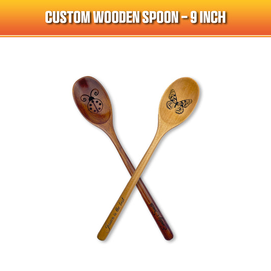 9 inch custom wooden spoon thumbnail, featuring two spoons, one dark wood and one light wood. 