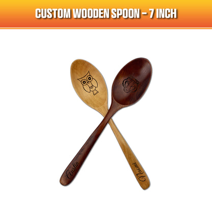 Custom 7 inch wooden spoons, featuring an engraved dark wood and engraved light wood spoon. 