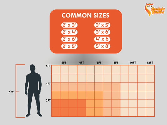 Sizing chart compared to a 6 foot diagram of a person. Common sizes include; 2'x3', 2'x4', 2'x6', 2'x5', 3'x5', 3'x6', 4'x6', 5'8'.