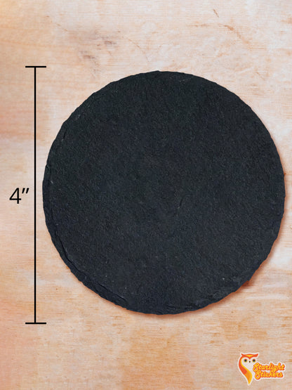 Circular coaster dimensions of 4 inches by 4 inches. 