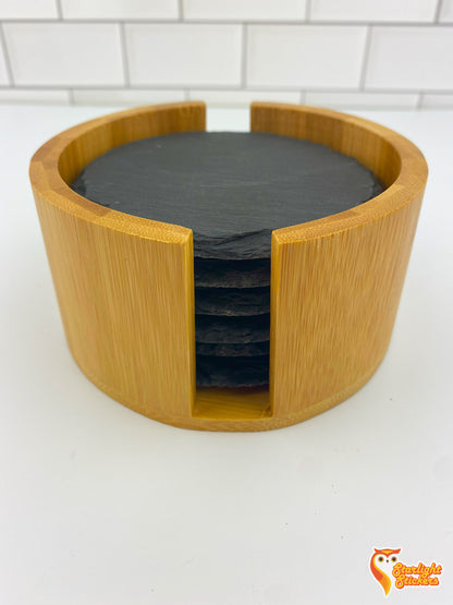 Side view of a full bamboo coaster holder.