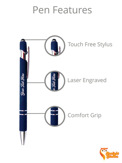 Pen features, touch free stylus, laser engraved, comfort grip. 