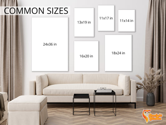 poster size diagram showing different sizes on a wall. 