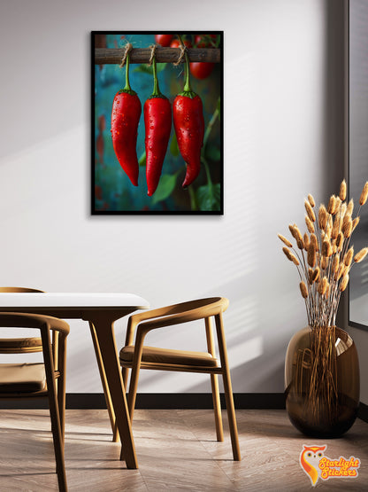 Poster of chili peppers above a dining table. 