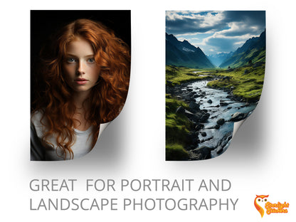 Great for portrait and landscape photography, featuring a picture of a girl and a valley.