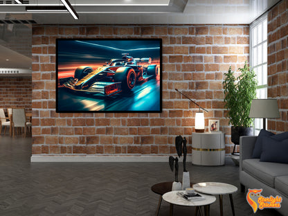 Poster of a formula 1 car in an office space. 