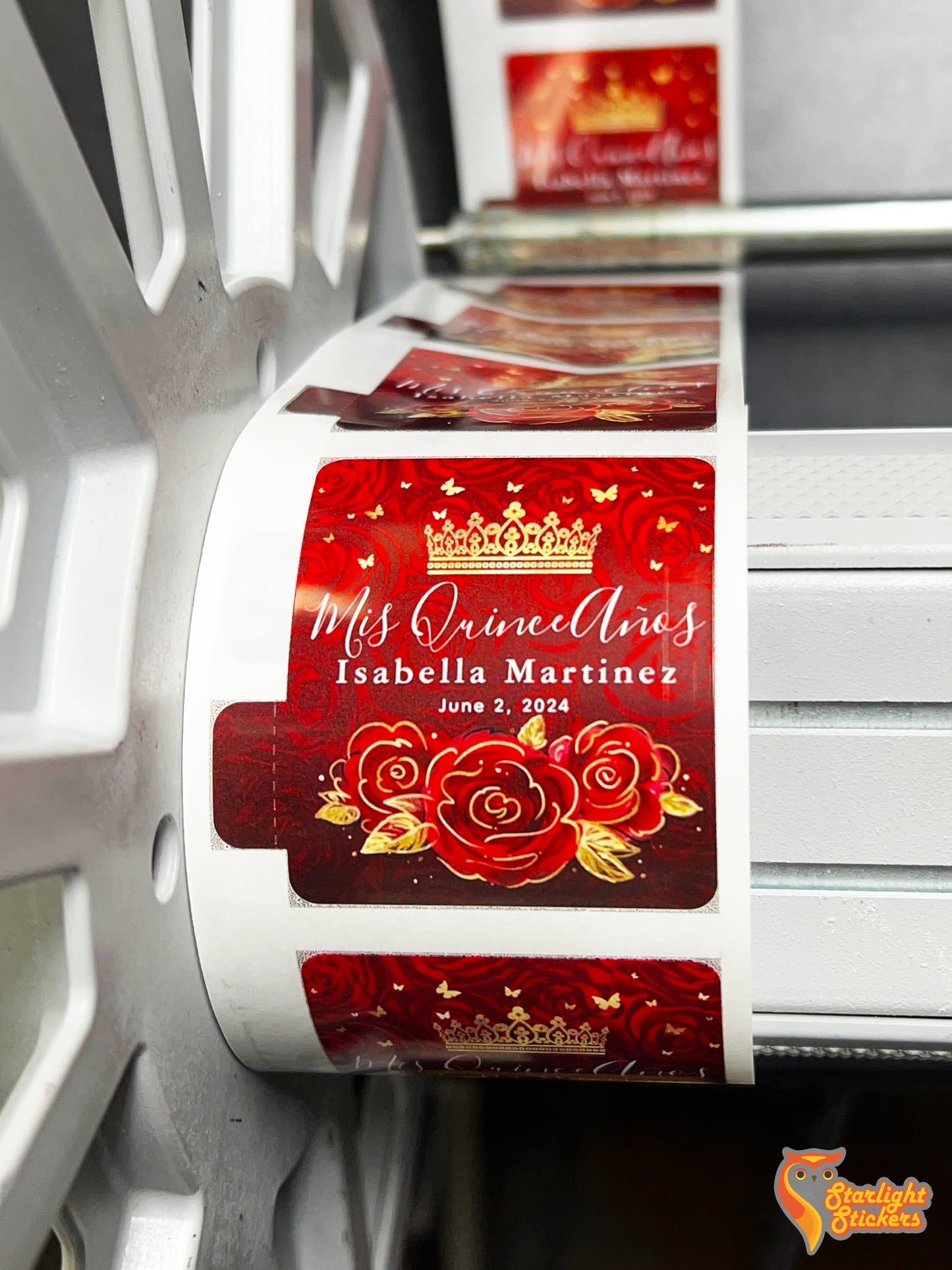 Chapstick label with tab showing roses and a name