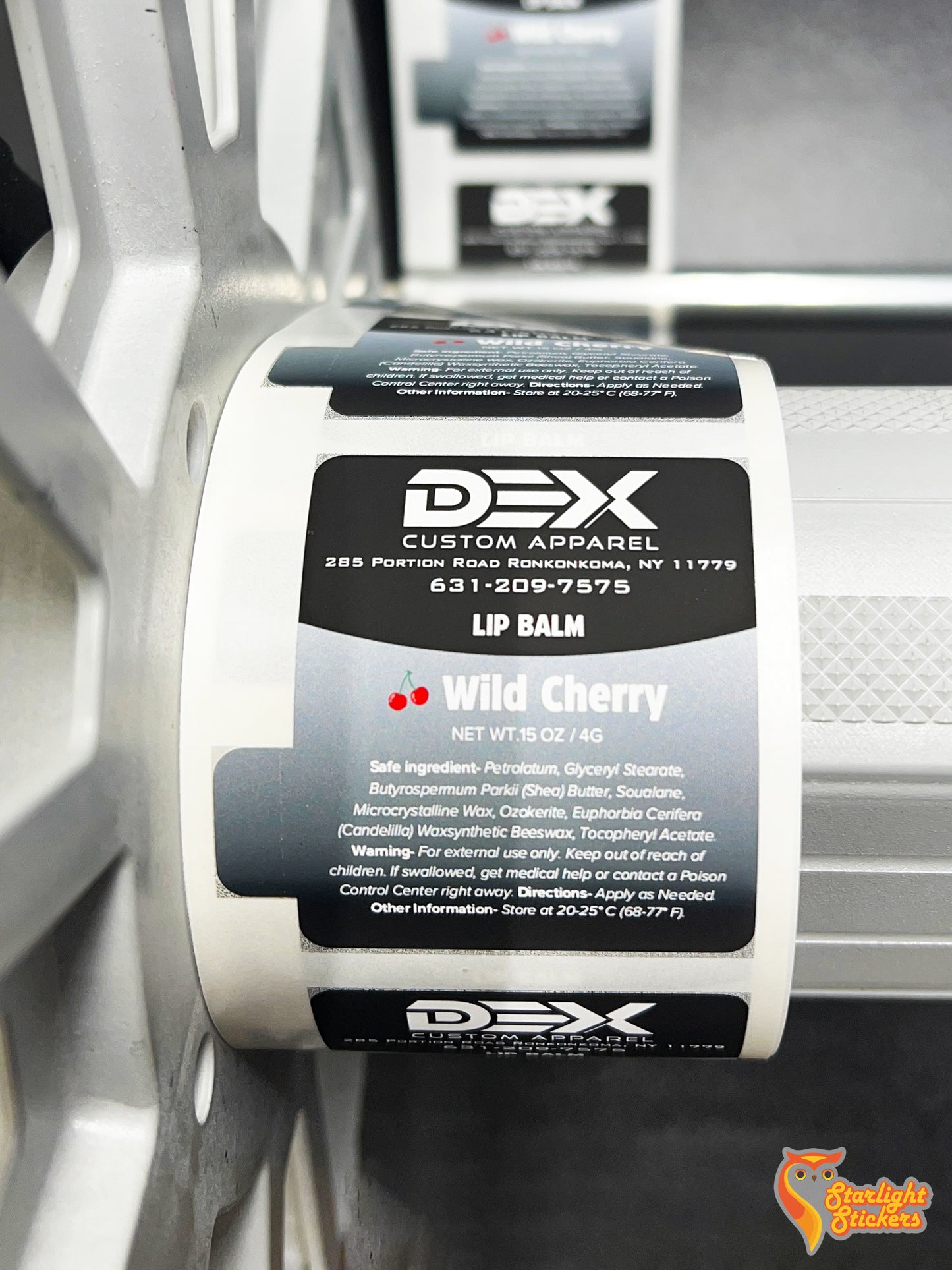 Chapstick label with tab featuring, DEX, a custom apparel brand.