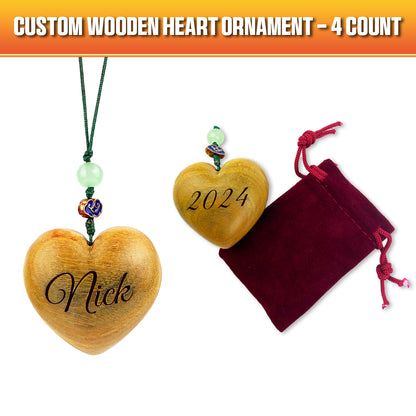 Custom Engraved Heart-Shaped Wooden Ornaments – Set of 4