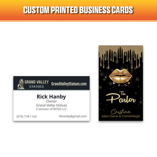 Custom printed business cards thumbnail, featuring a horizontal and vertical business card. 