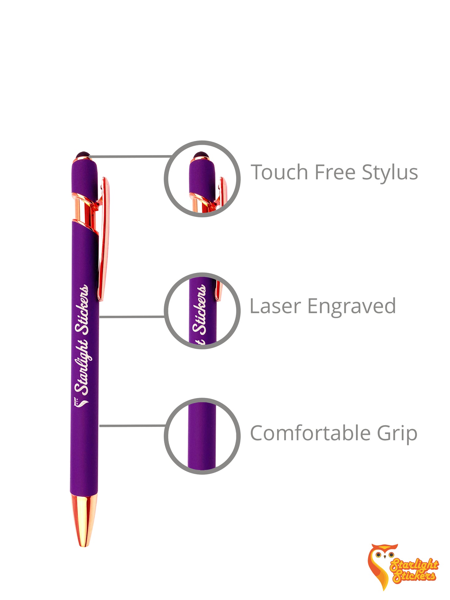 Pen features, touch free stylus, laser engraved, comfortable grip. 