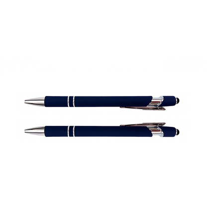 Front and Back view of a navy blue pen with silver accents on a white background