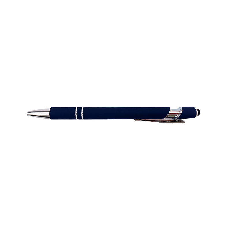 Navy blue pen with silver accents on a white background