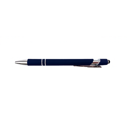 Navy blue pen with silver accents on a white background