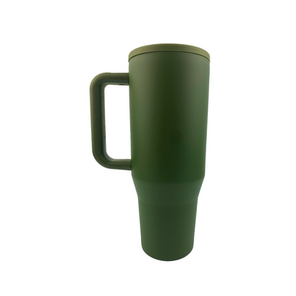 Olive green tumbler with a white background. 