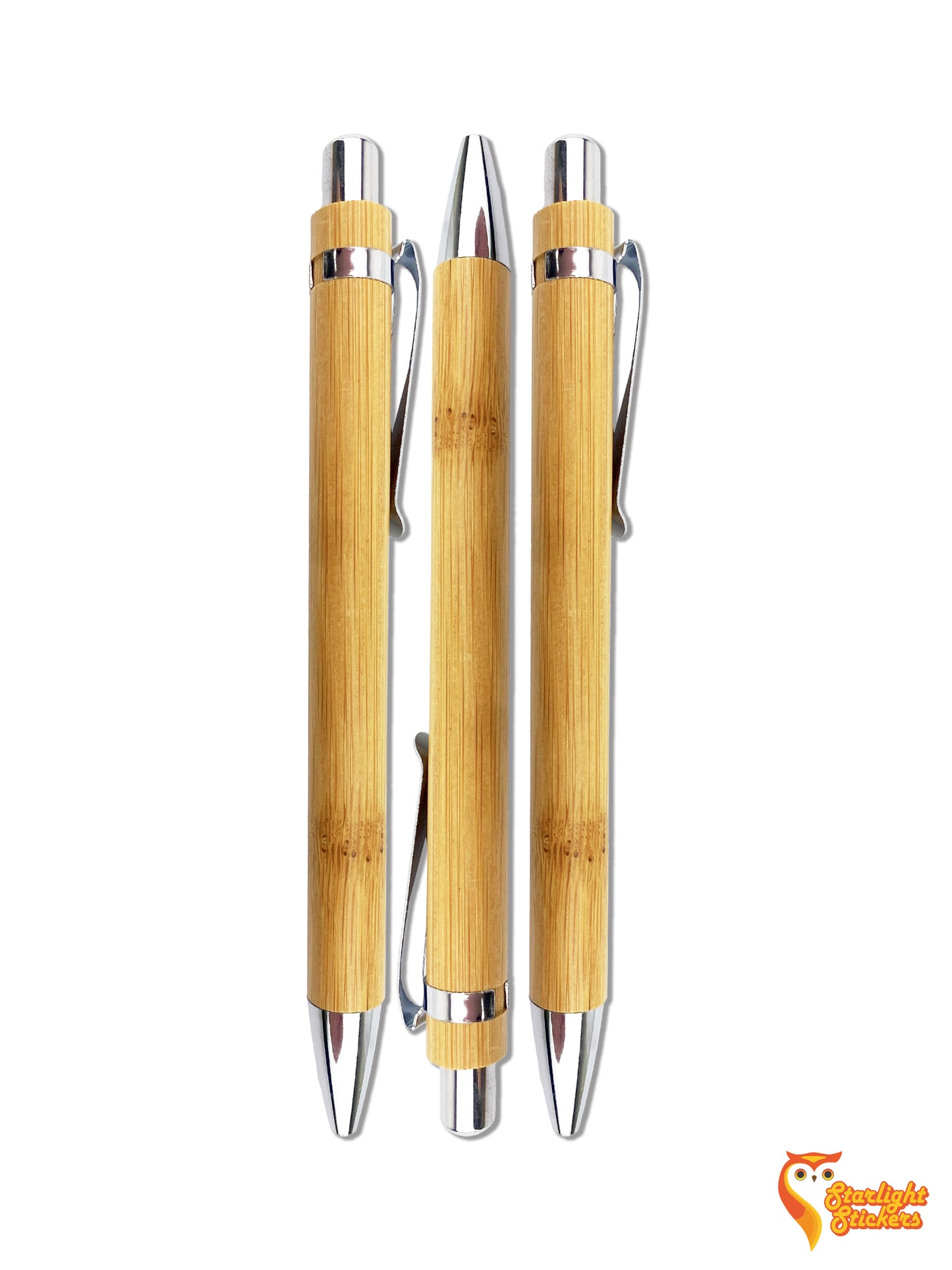 Three vertical blank wooden pens with white background