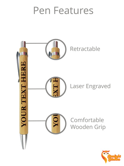 Pen features diagram showing the wooden grip