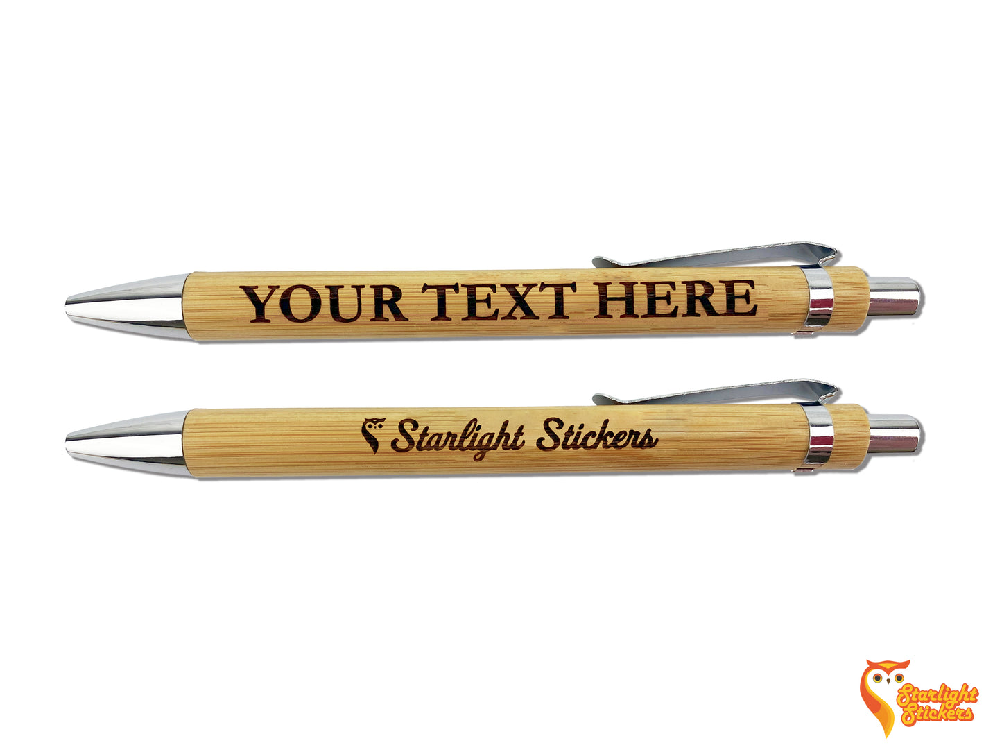 Two pens with engraved examples saying " Your Text Here" and "Starlight Stickers"