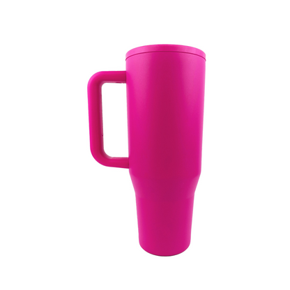 Pink tumbler with a white background. 