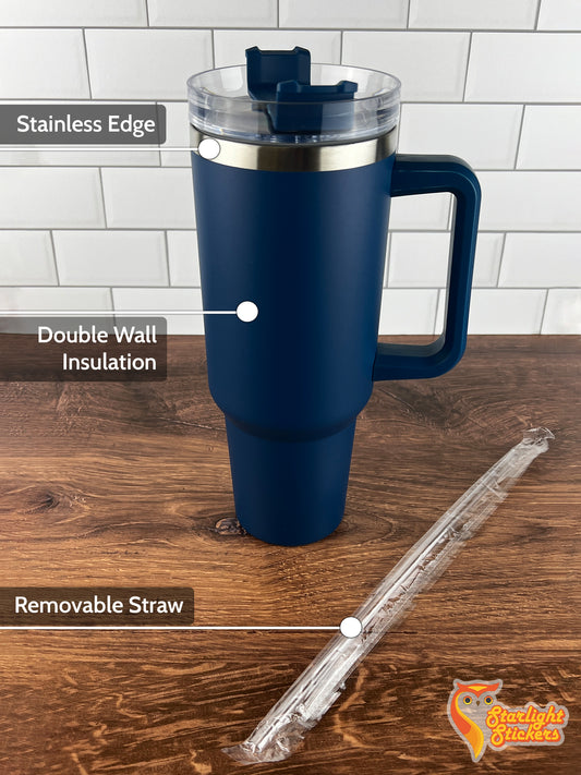 Tumbler features, stainless edge, double wall insulation, and a removable straw. 