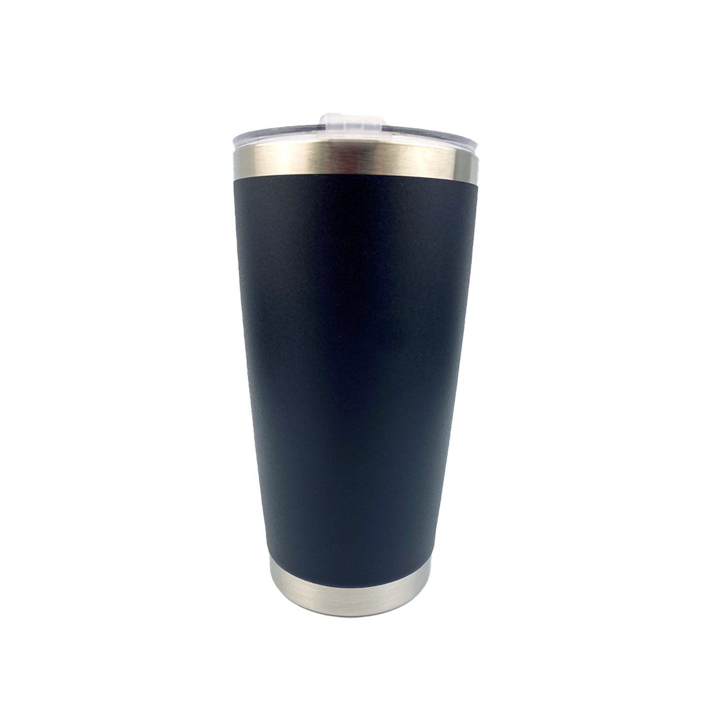 Black tumbler with white background. 