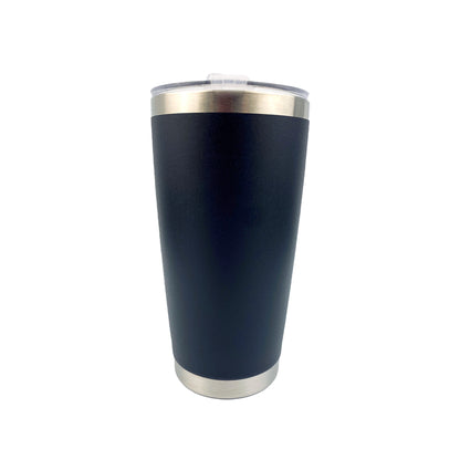 Black tumbler with white background. 