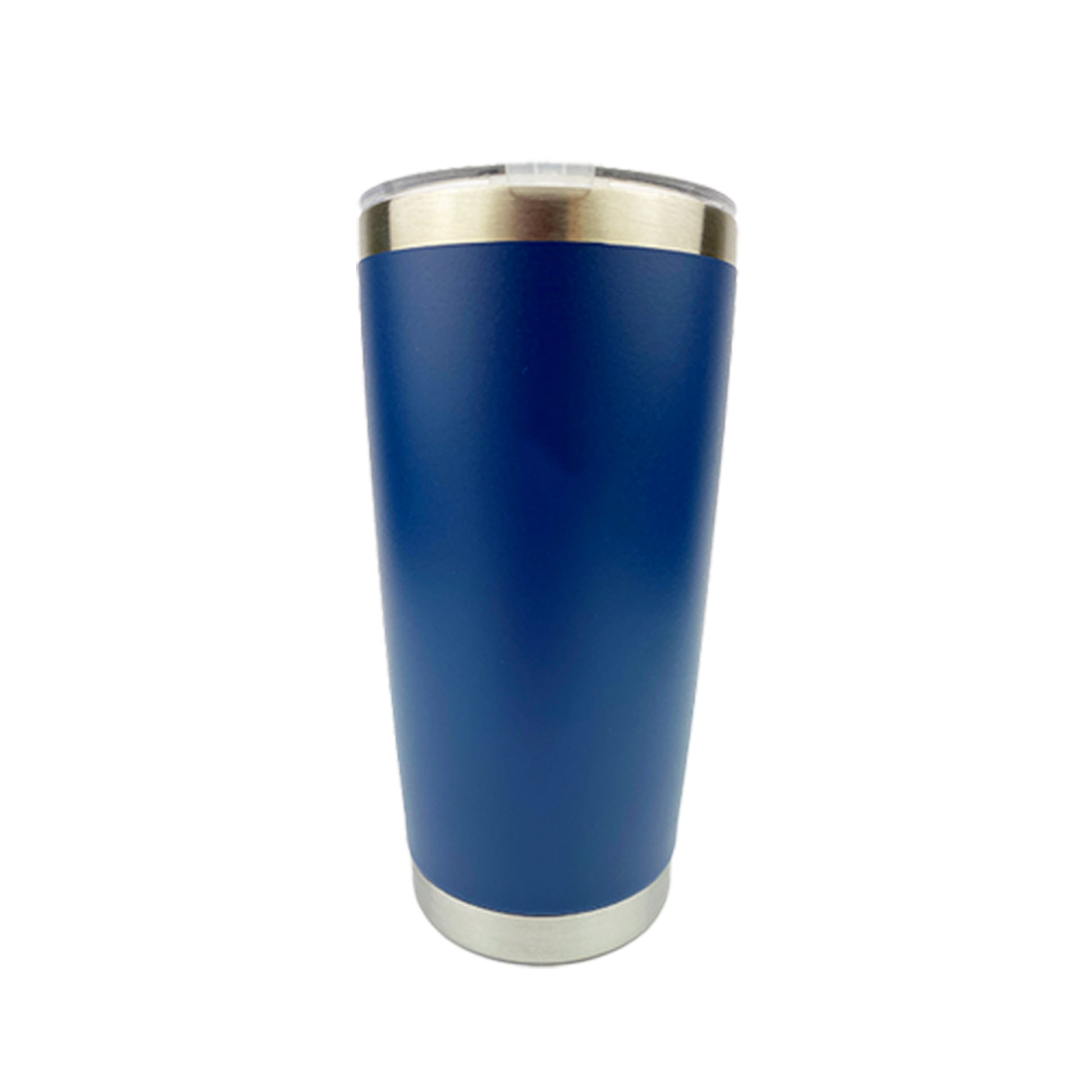 Navy tumbler with white background. 