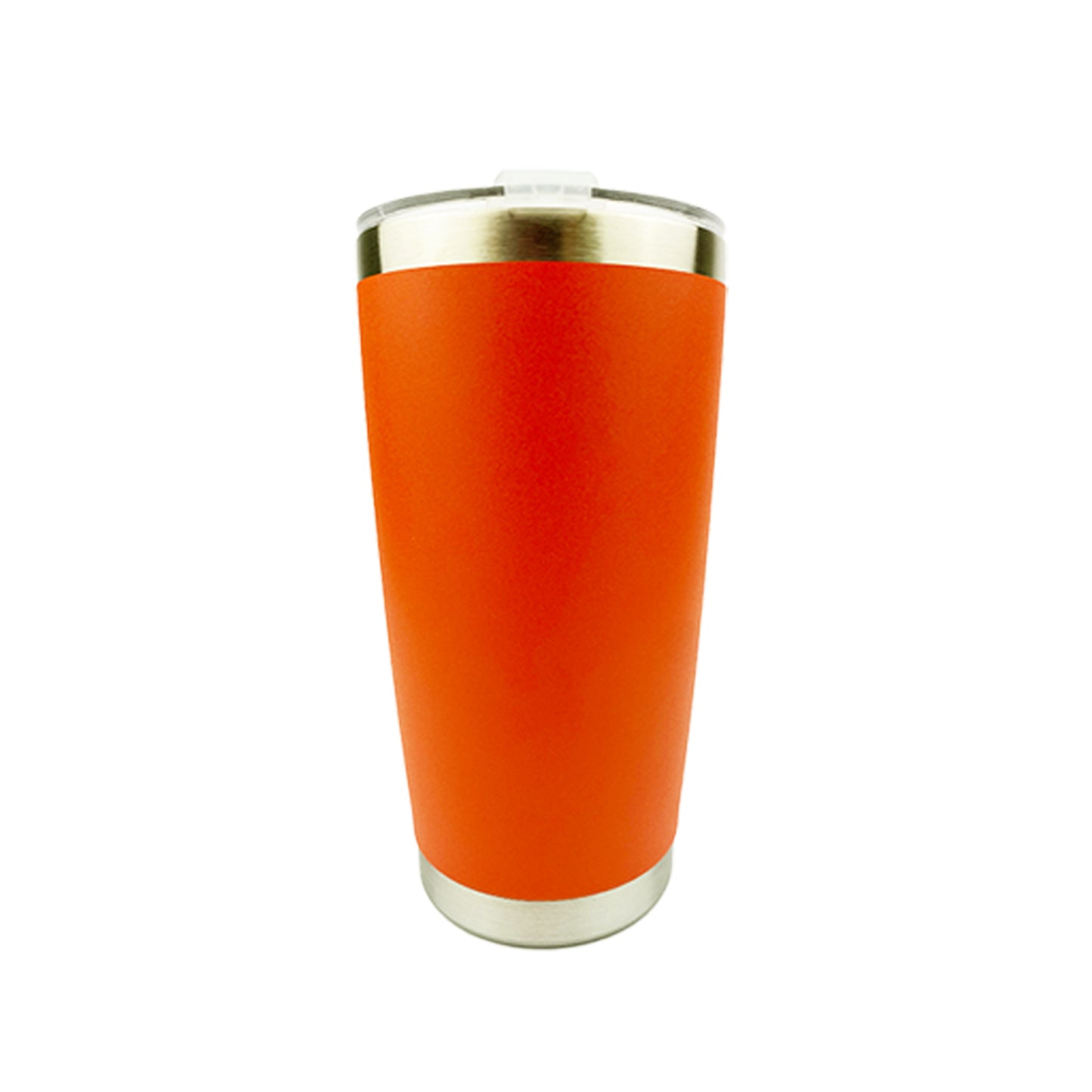 Orange tumbler with white background. 