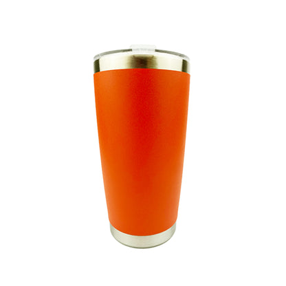 Orange tumbler with white background. 